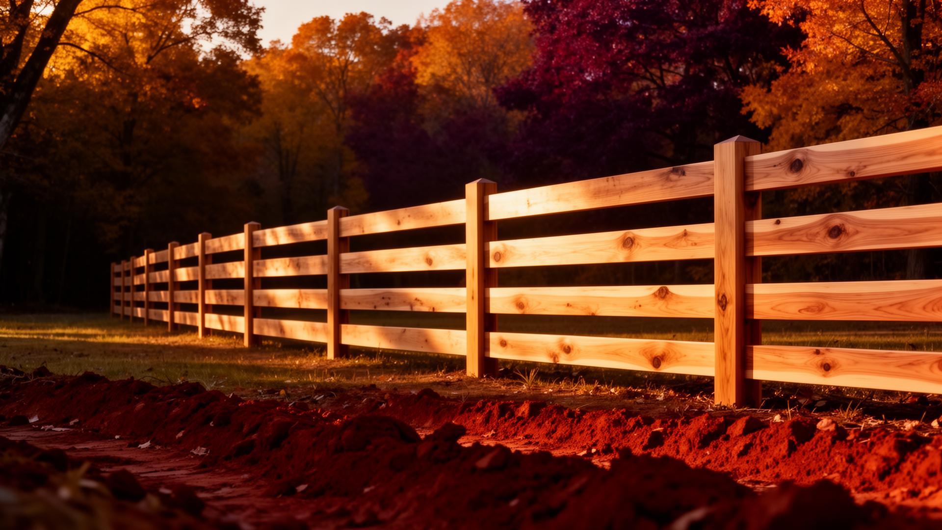 Cedar ranch fence at golden hour over red clay earth