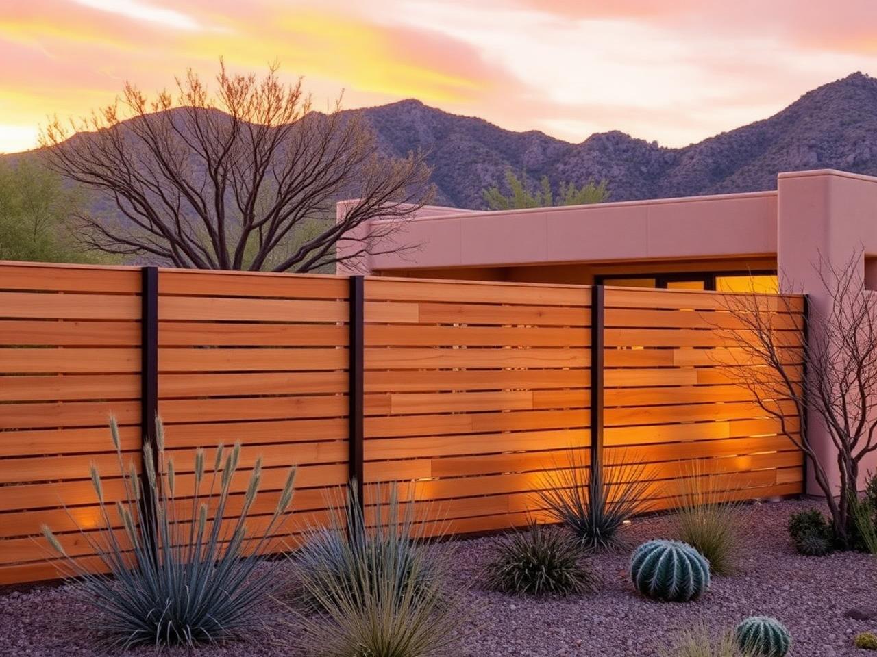 Modern horizontal cedar fence around desert garden at sunset